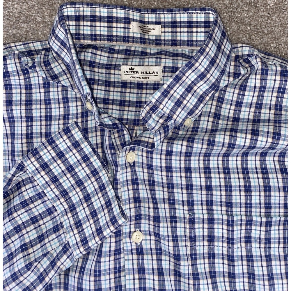Peter‎ Millar Crown Soft Cotton/Silk Blue Gingham Plaid Shirt Mens L Preppy Read